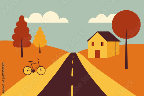 Old Village Road with a Bicycle and Trees on Both Sides