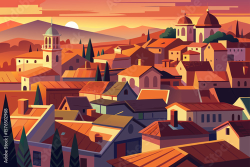 Old Town Cityscape with Flat Buildings at Sunset