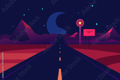 Open Desert Road with a Single Glowing Neon Sign