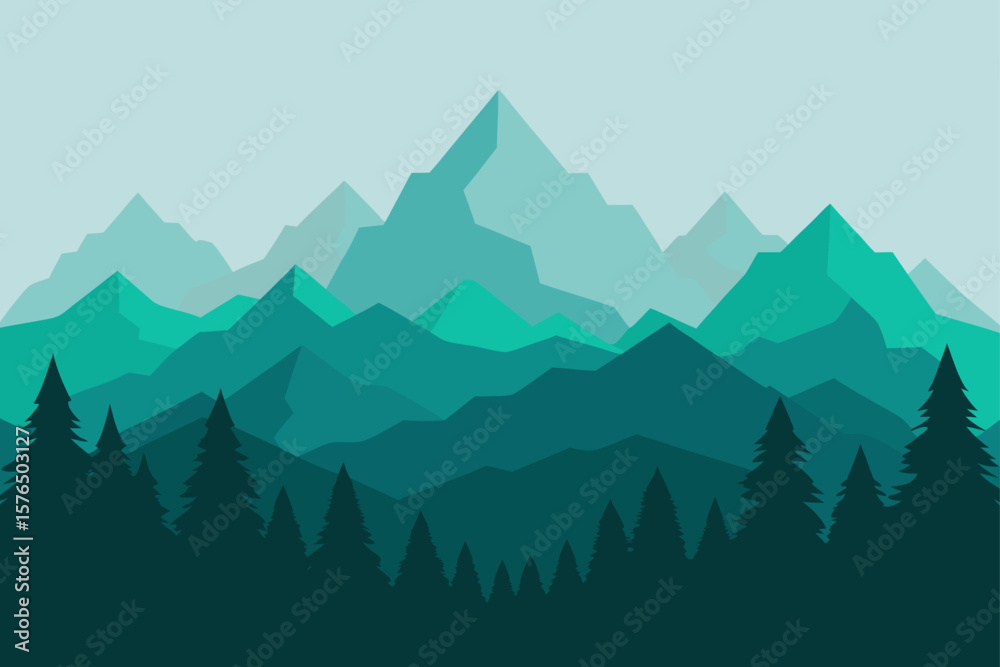 Fototapeta premium Misty Forest in Layered Paper Cut Mountains