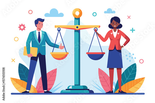 Illustrative image of business professionals balancing work and equality. Features male and female characters with symbolic scales of justice, representing fairness and inclusivity in the workplace.