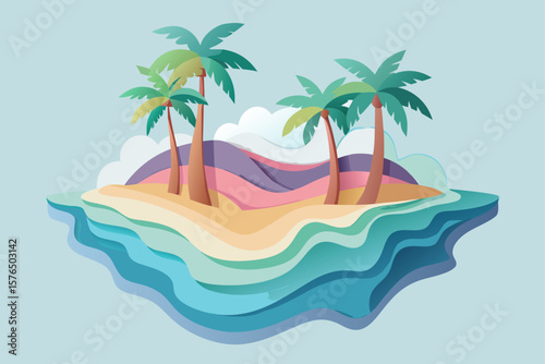Layered Paper Cut Tropical Island with Ocean Waves