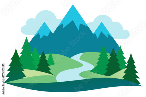 Paper Cut Style Mountain Scene with a River and Trees
