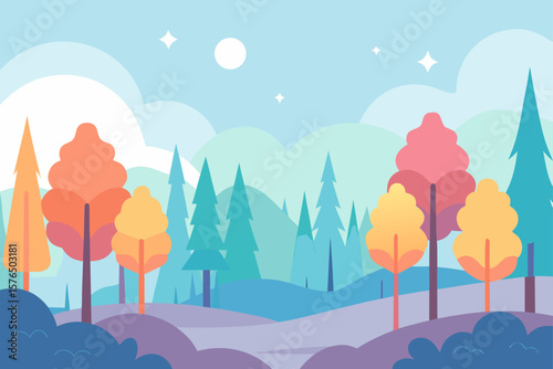 Peaceful Forest Clearing with Soft Mist and Colorful Light