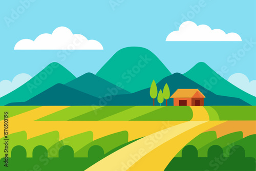 Peaceful Village Landscape with Rice Fields and Hills