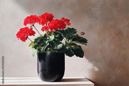 Bright Red Flowers in a Modern Black Pot on a Wooden Table Against a Soft Gra...