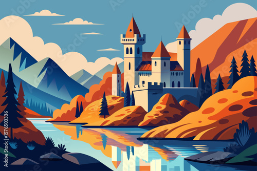 Retro Style Castle with a Tall Tower Beside a River