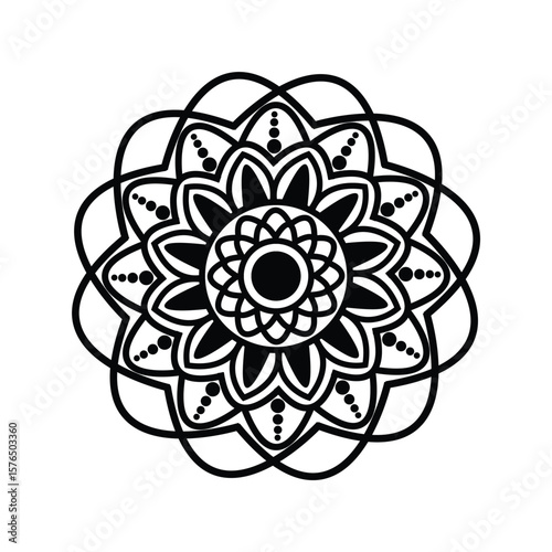 Intricate black and white mandala design with radial symmetry and floral elements