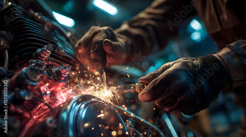 A mechanic working on a motorcycle engine with sparks flying during a repair process in a garage