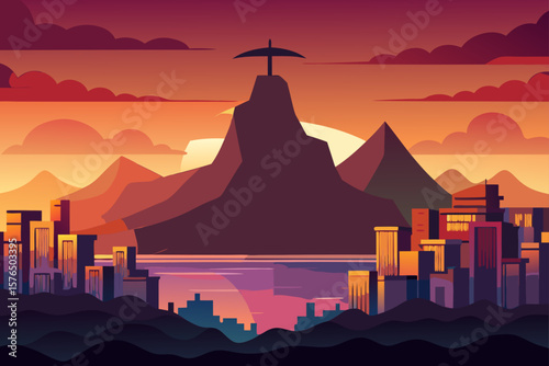 Rio City Silhouette at Sunset with Sugarloaf Mountain