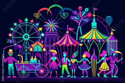 Neon Glow Silhouette of Carnival Parade Floats