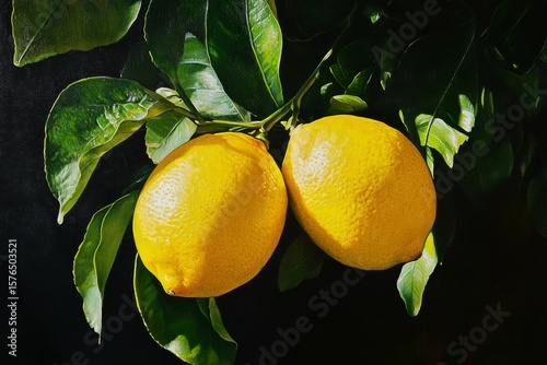 Fresh Yellow Lemons Hanging on Green Leaves in Bright Sunlight