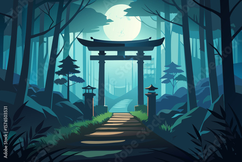 Silhouette of Torii Gates on a Foggy Forest Path
