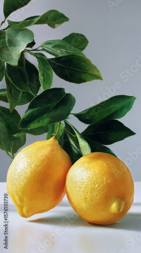 Fresh Lemons With Vibrant Green Leaves Reflecting on a Smooth Surface in Brig...