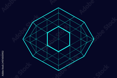 Symmetrical Hexagon Mesh with Glowing Lines on a Dark Background