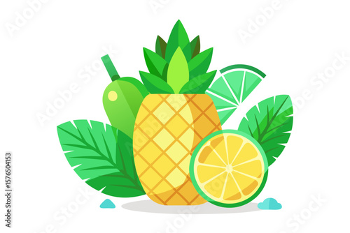 Tropical Cocktail Illustration with Pineapple and Lime
