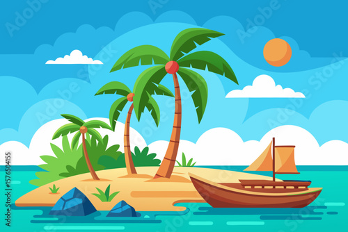 Tropical Island Paradise with Palm Trees and a Wooden Boat