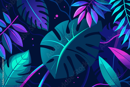 Dark Mode Jungle with Tropical Leaves and Neon Lights