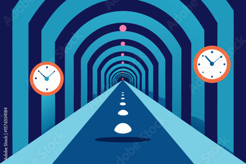 Tunnel of Floating Clocks Ticking at Different Times