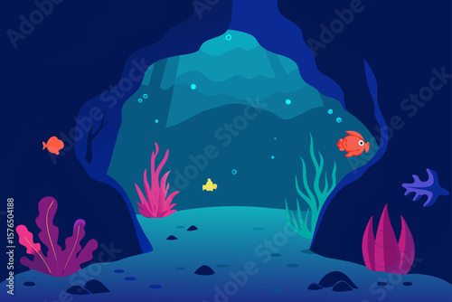Underwater Cave with Glowing Coral and Sea Creatures