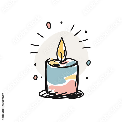 Colorful decorative candle with flame and sparkles on white background  