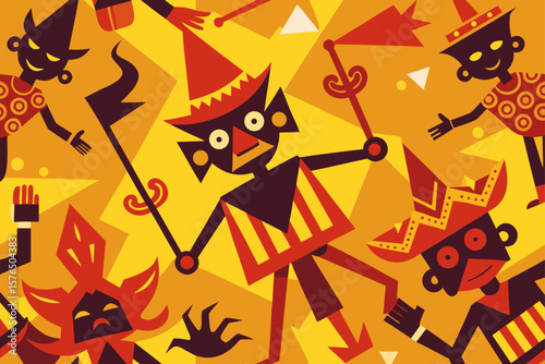 Seamless Tile Format of Scattered Wayang Puppet Shapes
