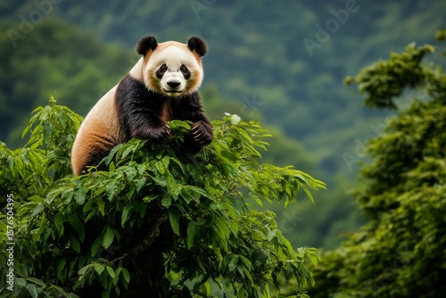 Panda Perched on a Tree Branch in a Lush Green Forest During Daylight