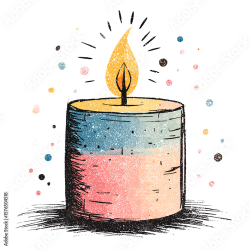 Colorful candle with flame surrounded by decorative dots  