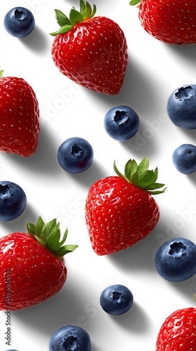 Fresh Strawberries and Blueberries Arranged Beautifully on a White Background
