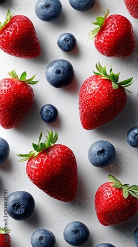 Fresh Strawberries and Blueberries Arranged Beautifully on a White Background