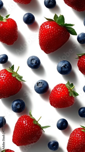 Fresh Strawberries and Blueberries Arranged on a White Background for a Color...