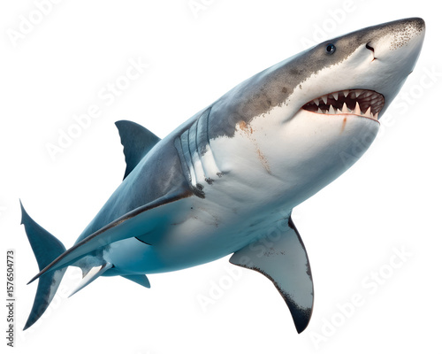 A detailed close up of a powerful great white shark with its mouth open revealing sharp teeth and gills swimming upwards against a dark background isolated on transparent background