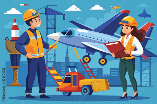 Illustration of two engineers supervising the construction of an aircraft at an industrial site, showcasing teamwork and professionalism in aerospace engineering.