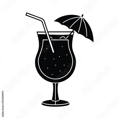 Tropical cocktail with umbrella and straw silhouette vector illustration