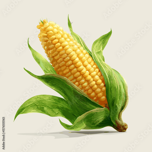 Fresh corn on the cob with green leaves on neutral background  