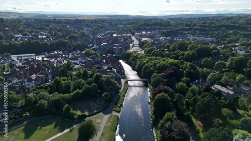 Aerial Sunset View Over Durham, UK – Scenic River, Historic Architecture & Lush Greenery