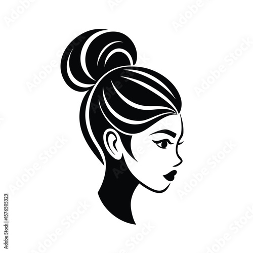 Elegant woman face with hair bun hairstyle silhouette vector illustration