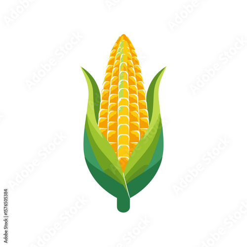 Fresh corn cob with green leaves in flat design style  