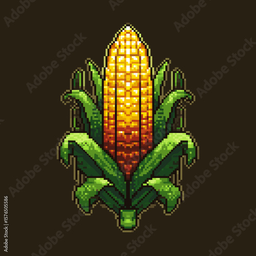 Pixel art corn cob with green leaves on dark background  
