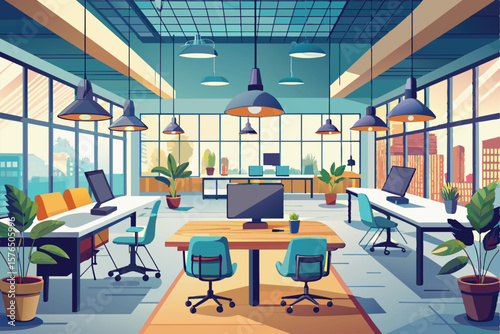 Illustration of a spacious and contemporary open office with large windows, vibrant decor, and ample natural light, promoting productivity and creativity in a business environment.