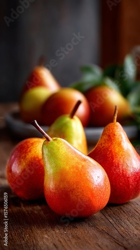 Fresh Pears Displayed on a Wooden Table With a Rustic Background in Soft Natu...