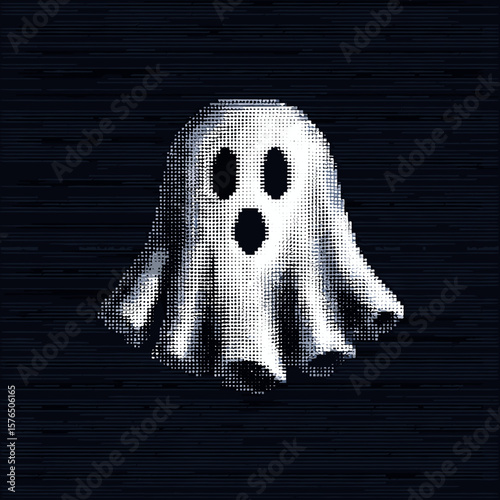 Cartoon ghost character in a pixel art style on dark background  