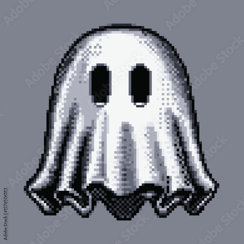 Pixelated ghost icon in retro style with gray background  