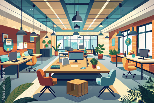 Illustration of a contemporary open office environment featuring large windows, stylish furniture, and abundant green plants, highlighting a creative and productive workspace.