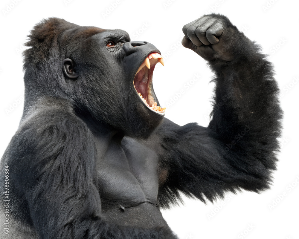 Obraz premium Powerful silverback gorilla roaring with mouth open and fist raised in aggressive display isolated on transparent background