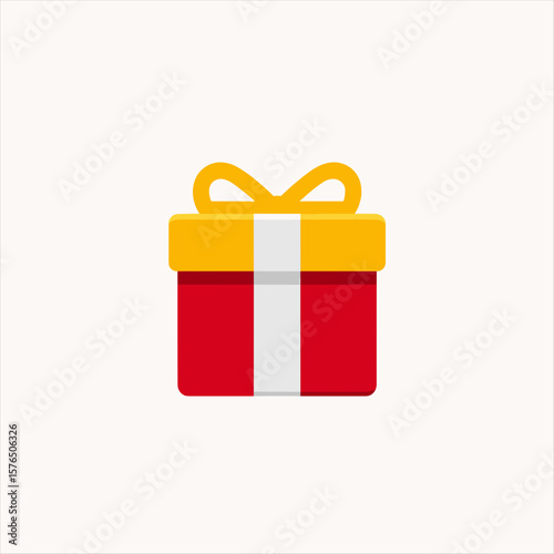 Red gift box with yellow ribbon and white stripe on white background  