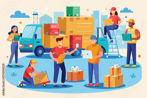 Team of diverse workers collaborating on warehouse logistics and package delivery tasks. Illustration depicts teamwork, efficiency, and organization in a modern urban setting.