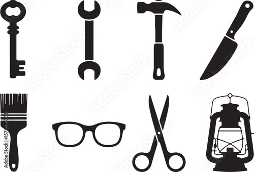 Antique key wrench hammer knife paintbrush glasses scissors lantern vector
