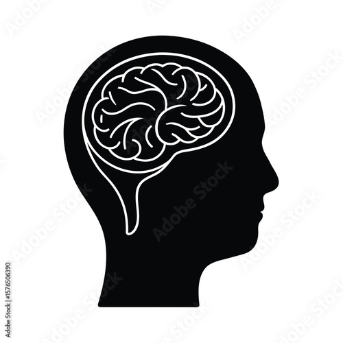 Human Head Silhouette with Visible Brain vector illustration.