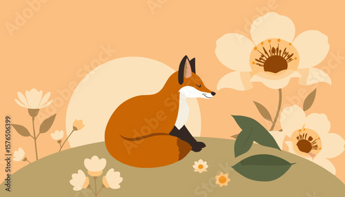 Relaxed fox sitting among flowers with a soft pastel background